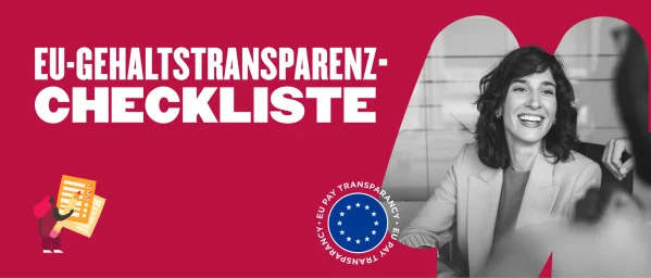 EU Pay Transparency checklist with smiling woman, checklist icon, and European Union logo on bold red background.