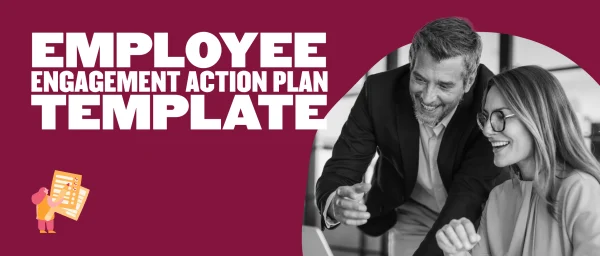 Wide banner with the text “Employee Engagement Action Plan Template” and an image of two coworkers smiling and working together on a laptop.