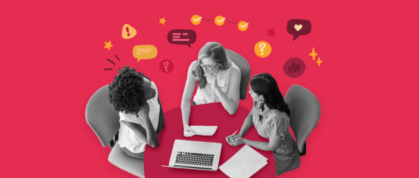 women-discussing-ideas-laptop, brainstorming-meeting-colorful-background