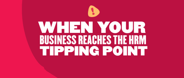 Wide-format HiBob promotional graphic featuring bold white text “When Your Business Reaches the HRM Tipping Point” on a pink and burgundy abstract background.