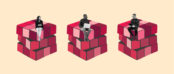 stacked red cubes, three individuals sitting on vibrant geometric shapes