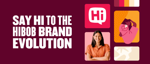 hibob brand evolution with vibrant visuals, featuring a smiling woman and colorful graphic elements, modern branding concept with text and illustrations