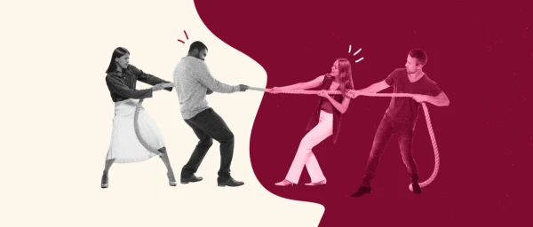 tug-of-war competition between two teams with a rope, featuring dynamic poses and expressive reactions, playful team challenge scene in contrasting colors