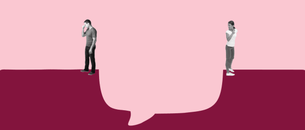 man and woman standing on opposite sides of a gap, symbolizing communication barriers in relationships, couple discussing emotional distance