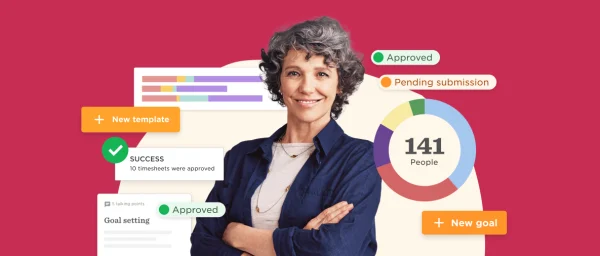 successful woman smiling with analytics, task statuses, and colorful progress chart on background, business goals and efficiency tools