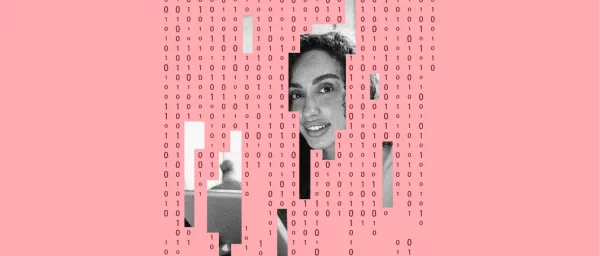 binary code background, black and white woman smiling with laptop in a modern graphic design representation