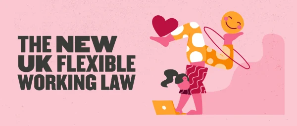 the new uk flexible working law graphic, colorful illustration of remote work with joyful elements and a pink background