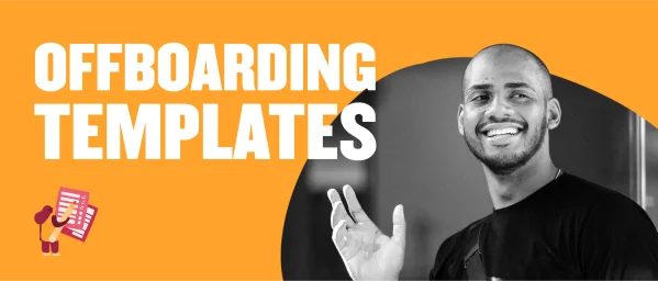 offboarding templates, smiling man gesturing with hand on orange background