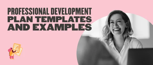professional development plan templates' graphic featuring a cheerful woman with glasses and colorful cartoon elements, accessible design for professional development resources