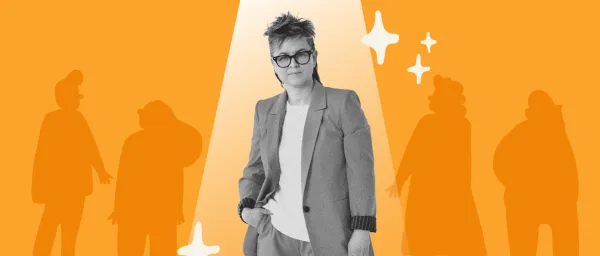 businesswoman in blazer, orange background with silhouettes of people