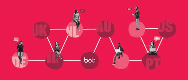 diverse individuals communicating across global connections on a bright pink background with location markers, networking figures interacting with speech bubbles representing various countries