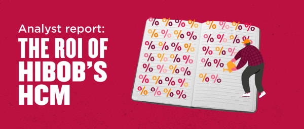 analyst report on Hibob's HCM ROI with illustrated percentage symbols on a notebook, illustrative character examining data analysis