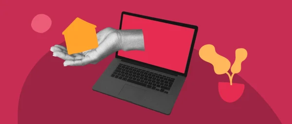 hand emerging from laptop holding a yellow house on a red background with a plant nearby, digital home concept with technology