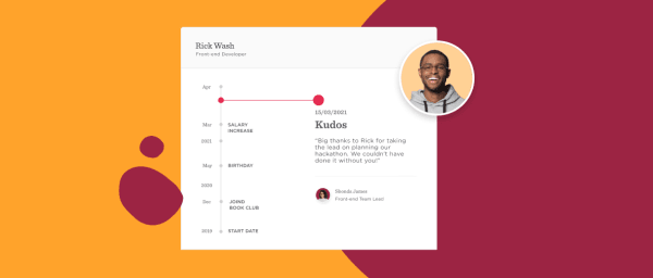 Rick Wash profile timeline highlights milestones, kudos, and personal achievements in vibrant layout. , employee profile, timeline achievements