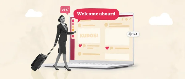 businesswoman with a suitcase welcomes users to an online platform featuring messages and notifications, online platform welcome and engagement