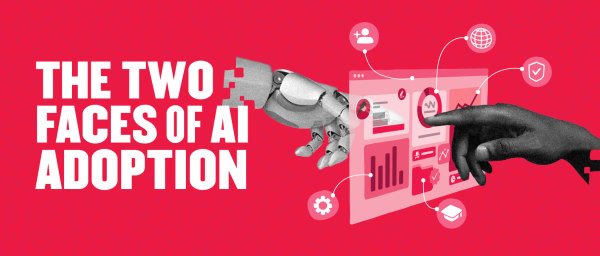 AI adoption visual, featuring a robotic arm and human hand interacting with a digital interface, robotic hand and human hand engaging with data dashboard