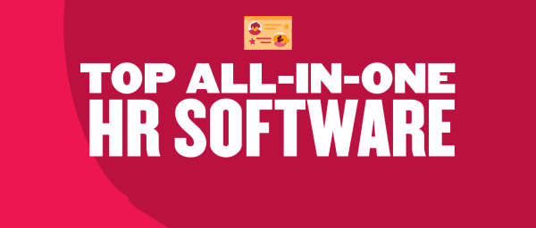 Top all-in-one HR software banner with bold white text on a vibrant red background. Includes icons for features., HR software, all-in-one solutions