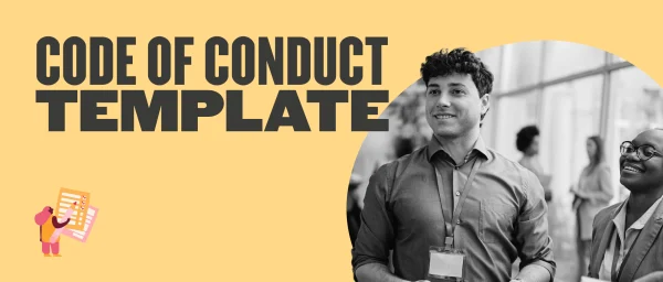 code of conduct template, business professionals engaged in conversation in an office setting with vibrant background elements