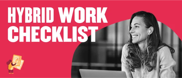 hybrid work checklist, smiling woman with headphones at laptop against vibrant background