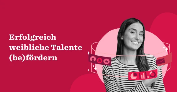 Erfolgreich weibliche Talente fördern; Frau mit gestreiftem Shirt und Daten-Icons auf rotem Hintergrund. Unterstützung für Talente., weibliche Talente, Daten-Icons