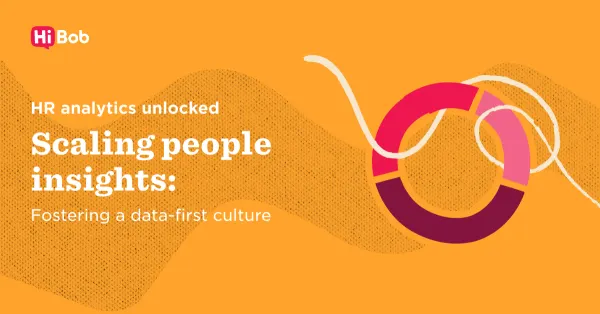 HR analytics graphic with vibrant orange background, showcasing a circular chart and text about data-driven people insights. HR analytics, data-first culture