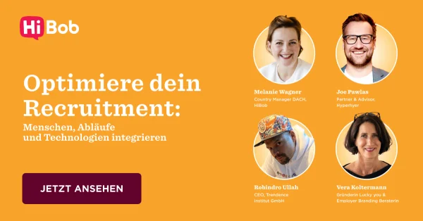 Hi Bob logo, Recruitment optimization event with four industry leaders' portraits and key details in German text