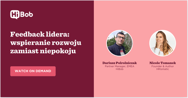 Feedback leadership support graphic featuring Dariusz Polrolniczak and Nicole Tomanek with a 'Watch On Demand' button. HiBob branding. HiBob, FeedbackLeadership