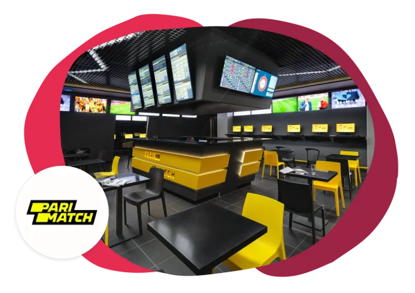 modern betting lounge with sleek black and yellow furniture, multiple screens displaying sports events, PariMatch branding prominently featured