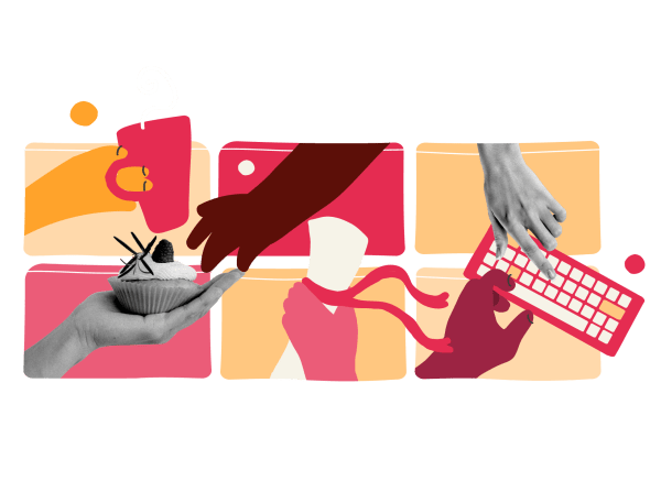 hands holding a cupcake, coffee cup, and typing on a keyboard, showcasing diverse activities in colorful panels, food and technology interaction elements