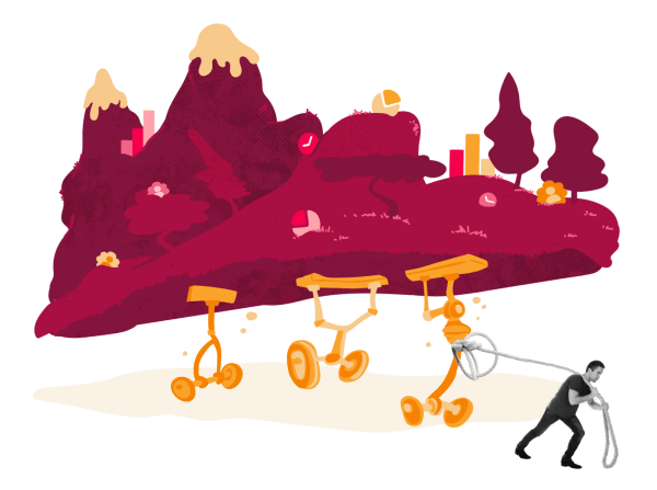 whimsical landscape with colorful hills, playful carts, and a person pulling a rope in a vibrant, artistic illustration, cartoon-like scenery with abstract mountains, cheerful colors, and a person engaging with imaginative objects