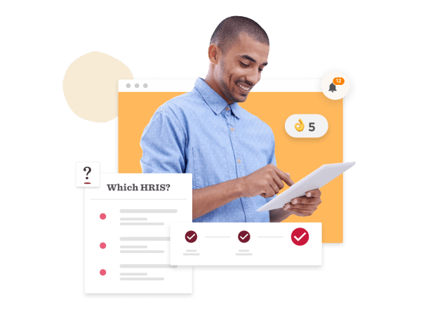 HRIS selection process with a man using a tablet, showcasing checklists and notifications for decision-making., Man using tablet for HRIS decisions with checklist and notifications displayed.