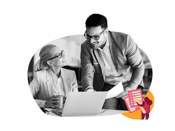 business colleagues engaging over a laptop, discussing reports, professional attire, workplace collaboration, teamwork, office interaction