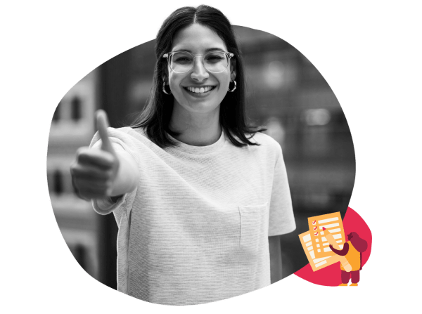 smiling woman giving thumbs up in casual wear, illustration of checklist nearby, conveying positivity and approval