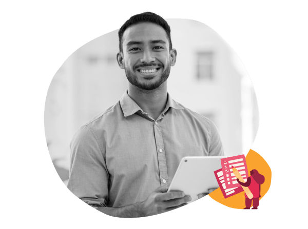 man smiling holding tablet, graphic elements depicting checklists and a character related to productivity