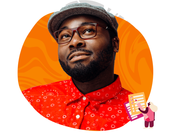 man in bright red patterned shirt with glasses, smiling against an orange background, creative illustration and checklist in foreground