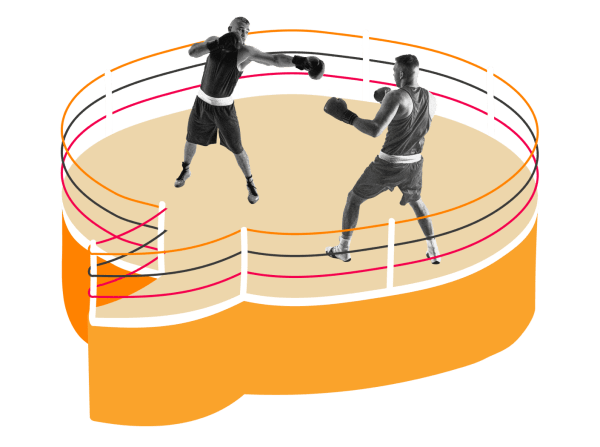 boxing ring, two fighters throwing punches
