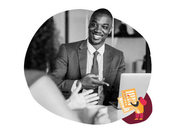 business man discussing ideas, professional meeting with laptop and coffee cup