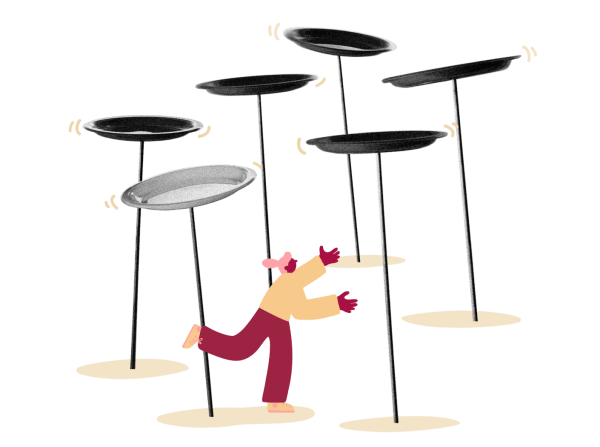 juggler balancing plates on sticks, colorful illustration of a juggling character managing multiple spinning plates