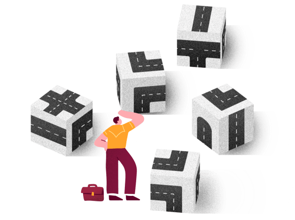 man pondering over abstract roadblocks, surrounded by cubes depicting different road layouts, creative problem-solving illustration