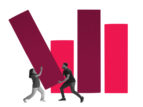 people collaborating, colorful bar graph background