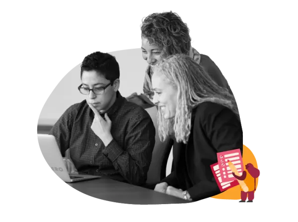 collaborative team exploring ideas on a laptop, engaged expressions, diverse individuals in a modern workspace, teamwork, innovation