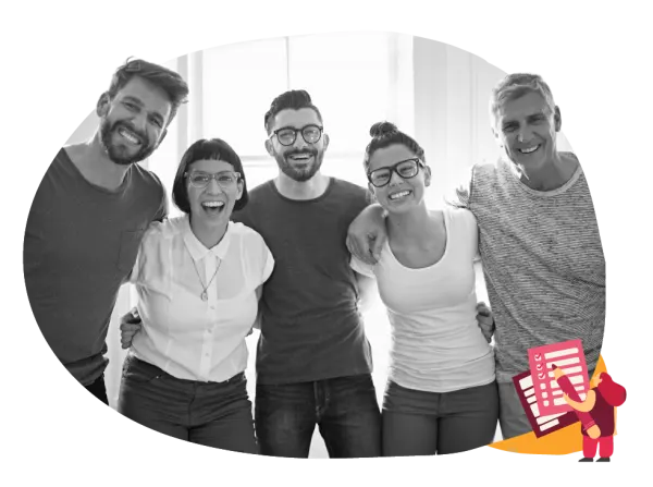 friends-group-black-and-white-photo, smiling-diverse-group-indoor-natural-light