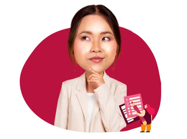 thinking woman in a blazer with a checklist illustration on red background, business professional pondering ideas and tasks
