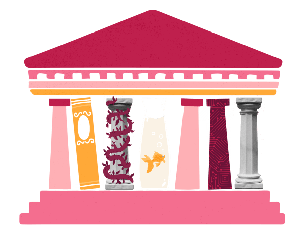 colorful pillars representing knowledge, creativity, and innovation against a contrasting black background, visual metaphor for wisdom and learning