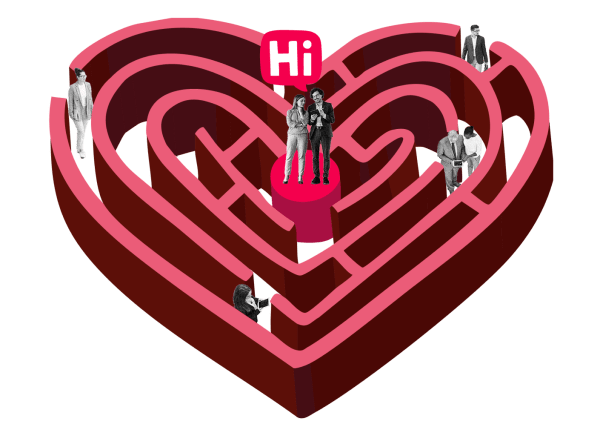 heart-shaped maze, diverse people interacting in the center with a speech bubble saying 