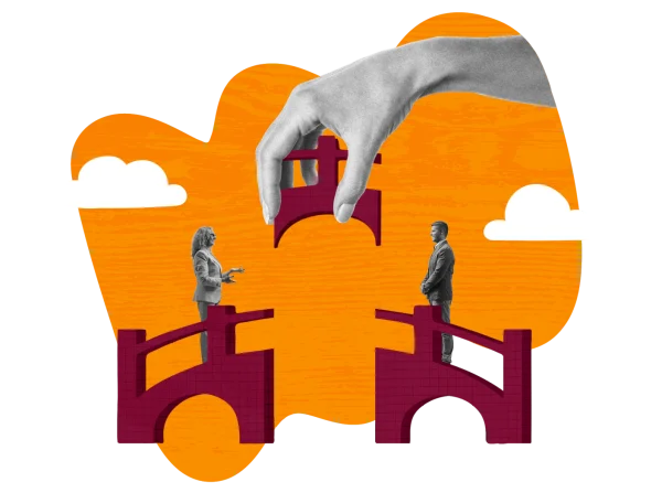 hand reaching for a bridge piece, connecting two figures in suits on opposite sides, vibrant orange background with clouds, symbolizing collaboration and connection in business.
