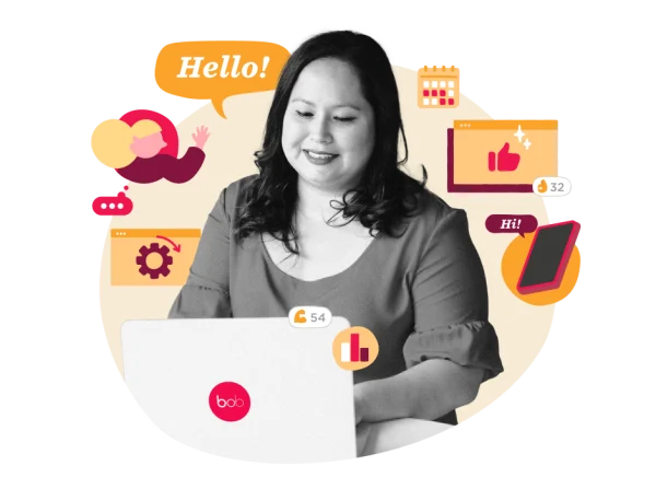 woman working on a laptop with colorful icons and data visualizations around her, professional woman engaged in digital tasks