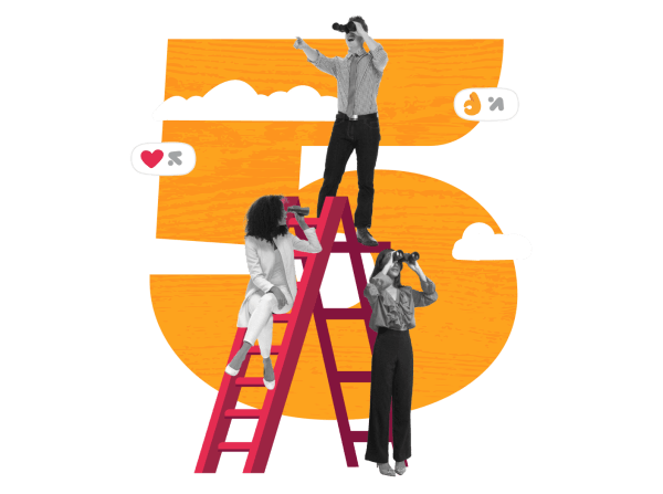 people with binoculars, colorful ladder representing growth and exploration