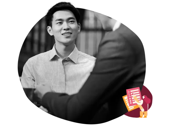 professional conversation, man in striped shirt engaged in discussion with a suited individual, vibrant illustrated elements