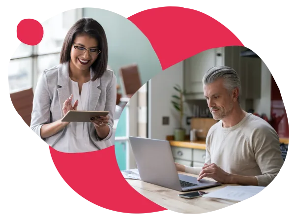 business professionals, collaborating with technology in modern workspace